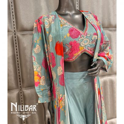 Sky Blue Crepe Printed Jacket Style Suit