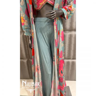 Sky Blue Crepe Printed Jacket Style Suit