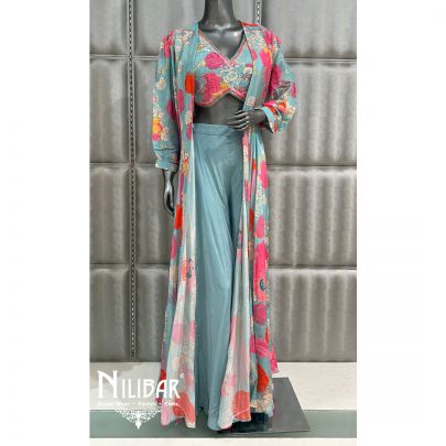 Sky Blue Crepe Printed Jacket Style Suit