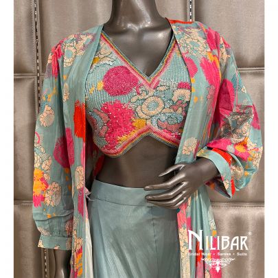 Sky Blue Crepe Printed Jacket Style Suit