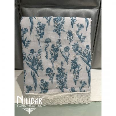 White Linen Floral Printed Unstitched Suit