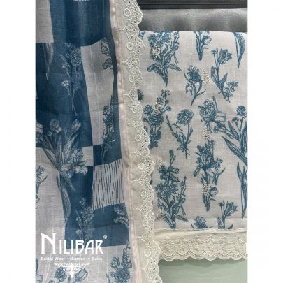 White Linen Floral Printed Unstitched Suit