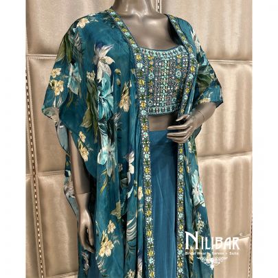 Peacock Blue Crepe Printed Jacket Style Suit