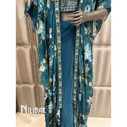 Peacock Blue Crepe Printed Jacket Style Suit