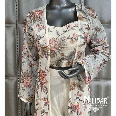 Off White Georgette Printed Jacket Style Suit