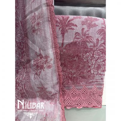 Pink Linen Floral Printed Unstitched Suit