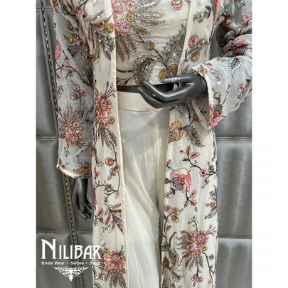 Off White Georgette Printed Jacket Style Suit