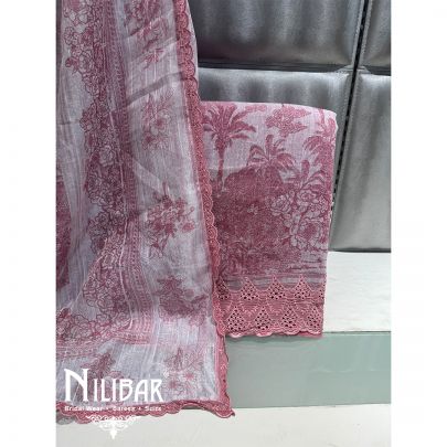 Pink Linen Floral Printed Unstitched Suit