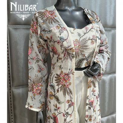 Off White Georgette Printed Jacket Style Suit