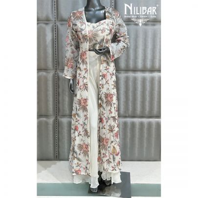 Off White Georgette Printed Jacket Style Suit