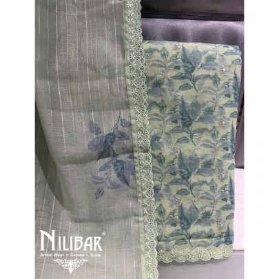 Green Linen Floral Printed Unstitched Suit