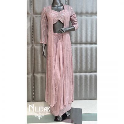 Powder Pink Crepe Georgette Printed Jacket Style Suit