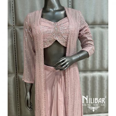 Powder Pink Crepe Georgette Printed Jacket Style Suit