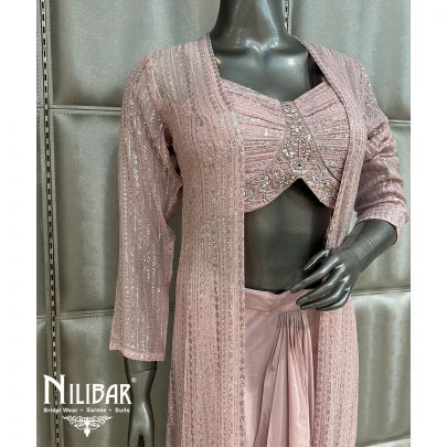 Powder Pink Crepe Georgette Printed Jacket Style Suit