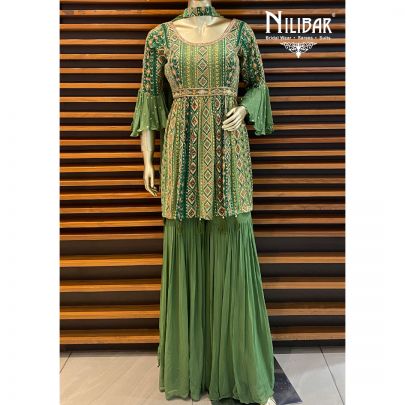 Dark Green Chinon Sharara Suit