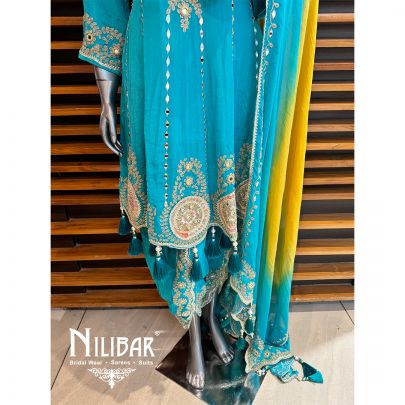 Sea Blue Chinon Embroidered Dhoti Suit