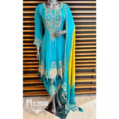 Sea Blue Chinon Embroidered Dhoti Suit