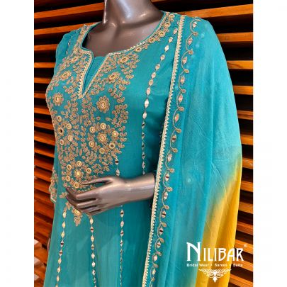 Sea Blue Chinon Embroidered Dhoti Suit