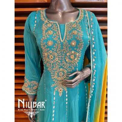 Sea Blue Chinon Embroidered Dhoti Suit