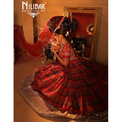 mehroon Silk and Chinon Bridal  Lehenga