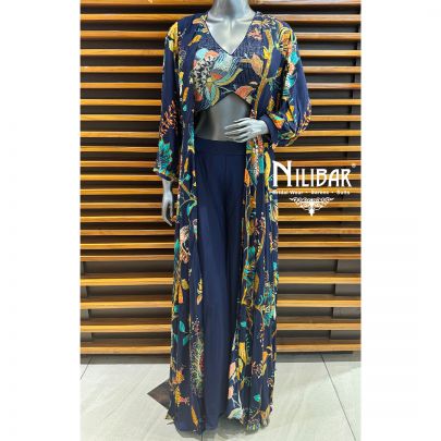 Blue Crepe Jacket Set
