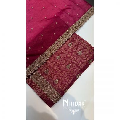 Hot Pink Banarasi Crepe Organza Unstitched Suit