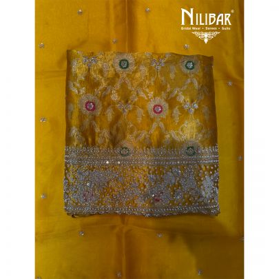 Yellow Banarasi Crepe Organza Unstitched Suit