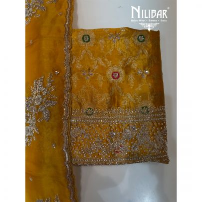 Yellow Banarasi Crepe Organza Unstitched Suit