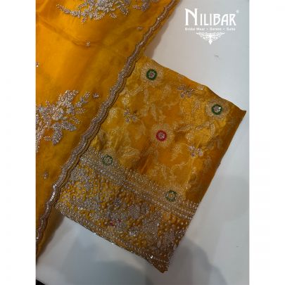 Yellow Banarasi Crepe Organza Unstitched Suit