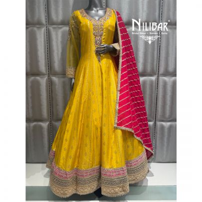 Yellow-Pink Silk Anarkali Suit