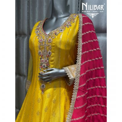 Yellow-Pink Silk Anarkali Suit