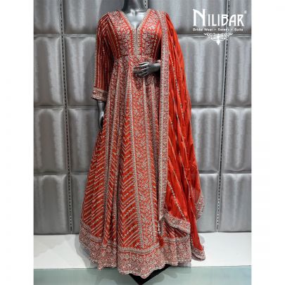 Rust Orange Chinon Embroidered Anarkali Suit