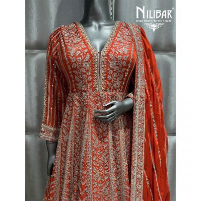 Rust Orange Chinon Embroidered Anarkali Suit