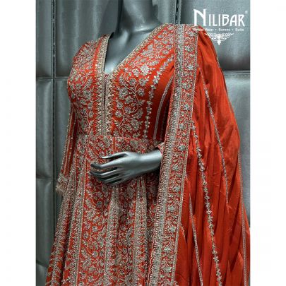 Rust Orange Chinon Embroidered Anarkali Suit
