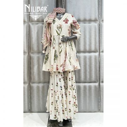 Off White Cotton Printed Kurta Set