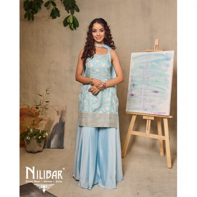 Light Blue Banarasi Silk Printed Palazzo Suit