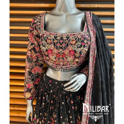 Black & Multicolor Georgette Casual Lehenga