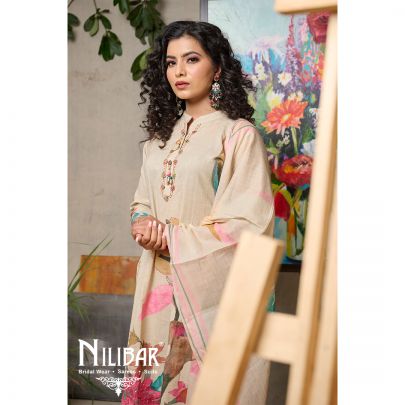 Beige Linen Floral Shirt With Pant