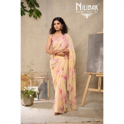 Yellow Georgette Printed Floral Saree