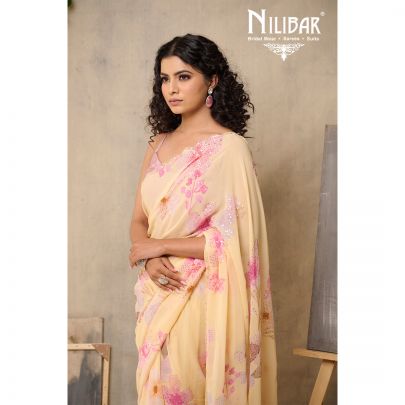 Yellow Georgette Printed Floral Saree
