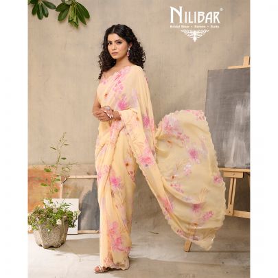 Yellow Georgette Printed Floral Saree