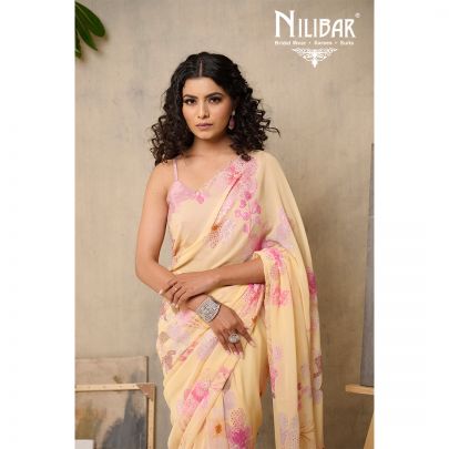 Yellow Georgette Printed Floral Saree