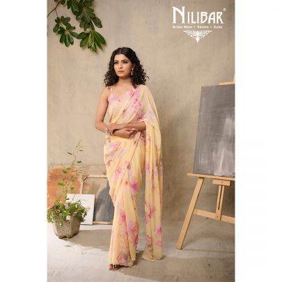 Yellow Georgette Printed Floral Saree