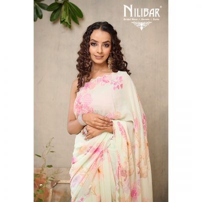 Sea Green Georgette Printed Floral Saree