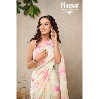Sea Green Georgette Printed Floral Saree
