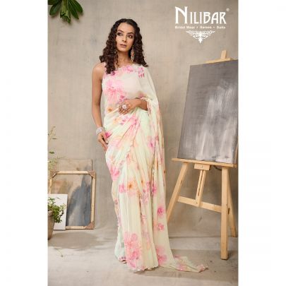 Sea Green Georgette Printed Floral Saree