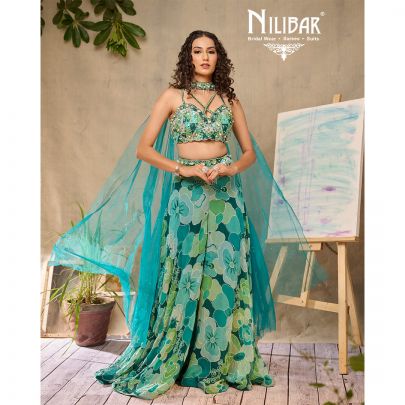 Sea Green Georgette Crop Top With Palazzo