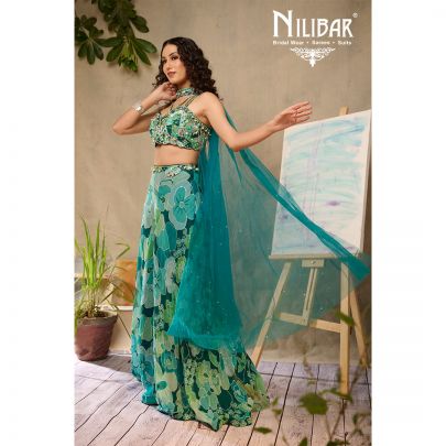 Sea Green Georgette Crop Top With Palazzo