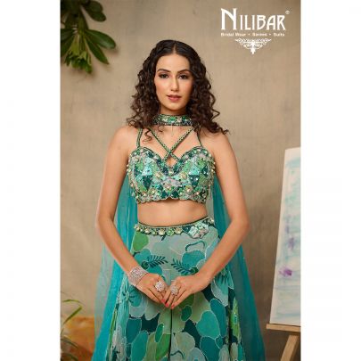 Sea Green Georgette Crop Top With Palazzo