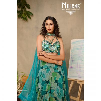 Sea Green Georgette Crop Top With Palazzo